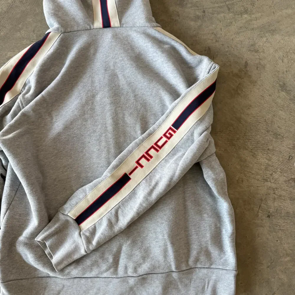 Gucci Mens Grey Cotton Web Stripe Logo Zip Up Hoodie Size Medium